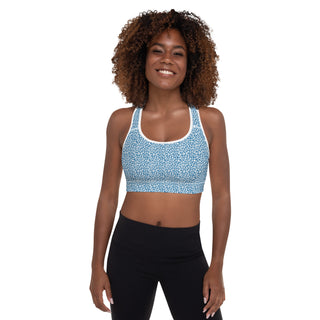 Blue Padded Sports Bra with White Leopard Print by Ellen Jean