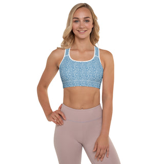 Blue Padded Sports Bra with White Leopard Print by Ellen Jean