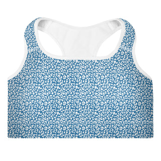 Blue Padded Sports Bra with White Leopard Print by Ellen Jean