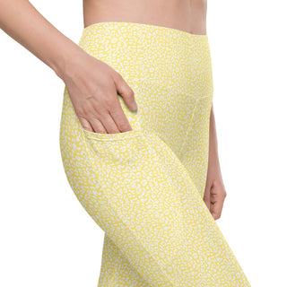 Yellow Leggings with White Leopard Print by Ellen Jean - Leggings with Pockets