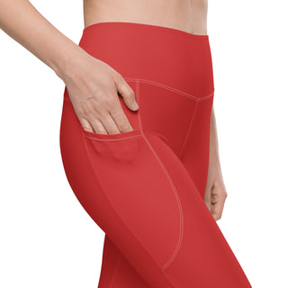 Leggings High Waist with Pockets Workout Athletic Compression Red Jogging Pants