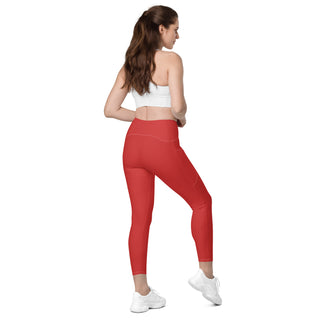 Leggings High Waist with Pockets Workout Athletic Compression Red Jogging Pants