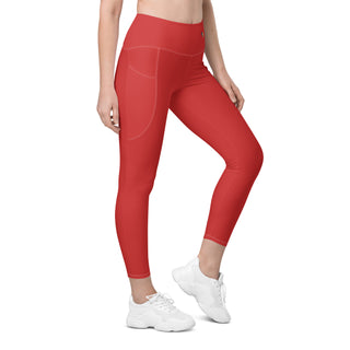 Leggings High Waist with Pockets Workout Athletic Compression Red Jogging Pants