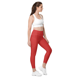 Leggings High Waist with Pockets Workout Athletic Compression Red Jogging Pants