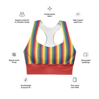 Sports Bra Red Rainbow Stripe Eco Friendly Longline Athletic Bra