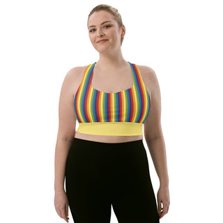 Sports Bra Yellow Rainbow Stripe Eco Friendly Longline Athletic Bra