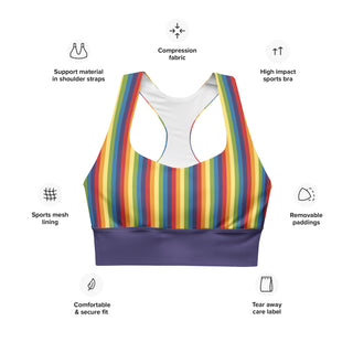 Sports Bra Purple Rainbow Stripe Eco Friendly Longline Athletic Bra