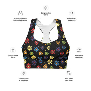 Sports Bra Black Floral Sports Bra Eco Friendly Longline Athletic Bra