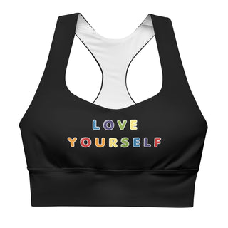 Sports Bra Black Love Yourself Rainbow Sports Bra Eco Friendly Longline Athletic Bra