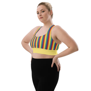 Sports Bra Yellow Rainbow Stripe Eco Friendly Longline Athletic Bra