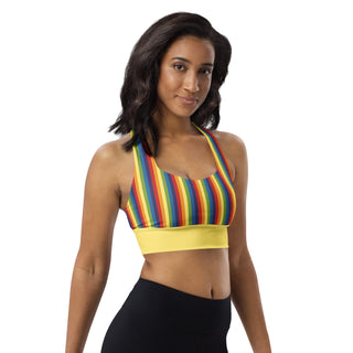 Sports Bra Yellow Rainbow Stripe Eco Friendly Longline Athletic Bra