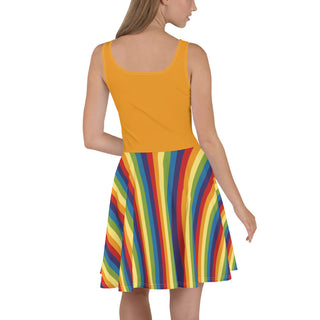 Sleeveless, Short Dress with Orange Rainbow Stripe Flare Dress