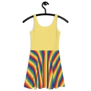 Sleeveless, Short Dress with Yellow Rainbow Stripe Flare Dress