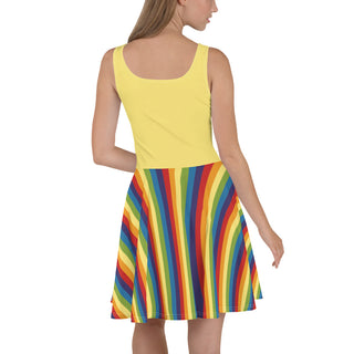 Sleeveless, Short Dress with Yellow Rainbow Stripe Flare Dress