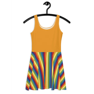 Sleeveless, Short Dress with Orange Rainbow Stripe Flare Dress