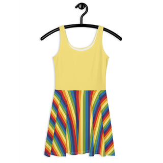 Sleeveless, Short Dress with Yellow Rainbow Stripe Flare Dress