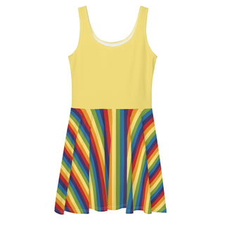 Sleeveless, Short Dress with Yellow Rainbow Stripe Flare Dress