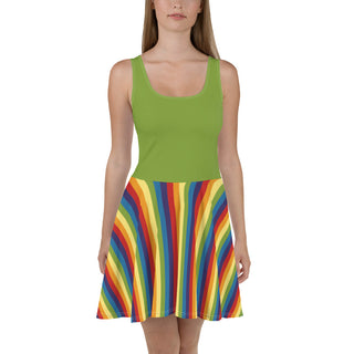 Sleeveless, Short Dress with Green Rainbow Stripe Flare Dress