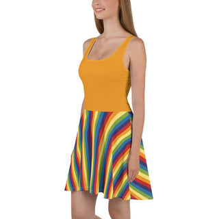 Sleeveless, Short Dress with Orange Rainbow Stripe Flare Dress