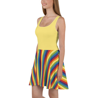 Sleeveless, Short Dress with Yellow Rainbow Stripe Flare Dress