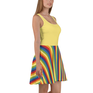 Sleeveless, Short Dress with Yellow Rainbow Stripe Flare Dress