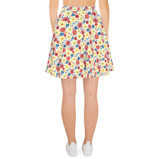 Skater Skirt White Floral Red Yellow Blue Stretchy Flare Skirt