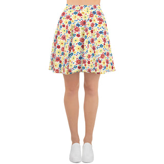 Skater Skirt White Floral Red Yellow Blue Stretchy Flare Skirt