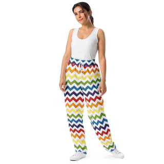 Joggers Wide Leg Chevron Rainbow White Unisex Relaxed Fit Jogging Pants