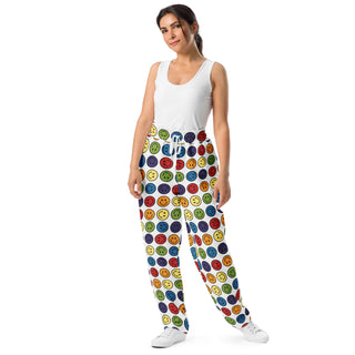 Joggers Wide Leg White Rainbow Smiley Face Unisex Relaxed Fit Jogging Pants