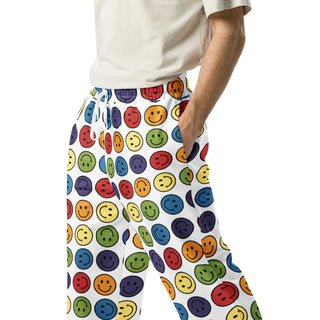 Joggers Wide Leg White Rainbow Smiley Face Unisex Relaxed Fit Jogging Pants