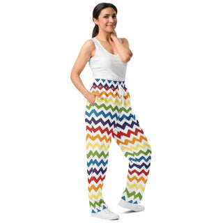 Joggers Wide Leg Chevron Rainbow White Unisex Relaxed Fit Jogging Pants