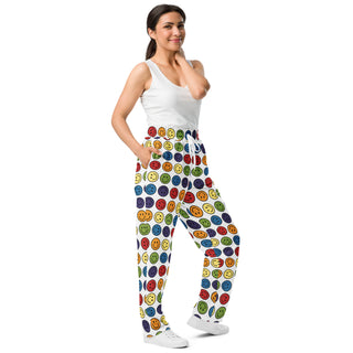 Joggers Wide Leg White Rainbow Smiley Face Unisex Relaxed Fit Jogging Pants