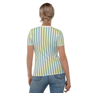 Womens Shirt Blue Green Yellow White Striped Casual Short Sleeve Tees Top