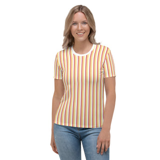 Womens Shirt Red Orange Yellow White Striped Casual Short Sleeve Tees Top