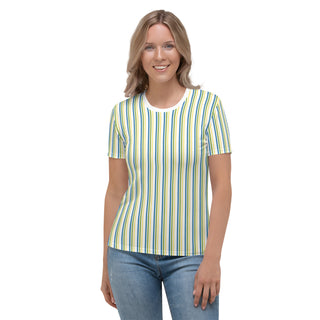 Womens Shirt Blue Green Yellow White Striped Casual Short Sleeve Tees Top