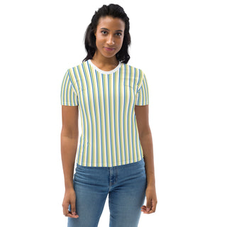 Womens Shirt Blue Green Yellow White Striped Casual Short Sleeve Tees Top