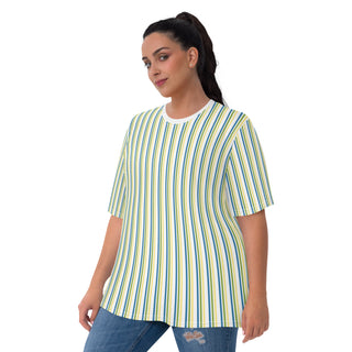 Womens Shirt Blue Green Yellow White Striped Casual Short Sleeve Tees Top