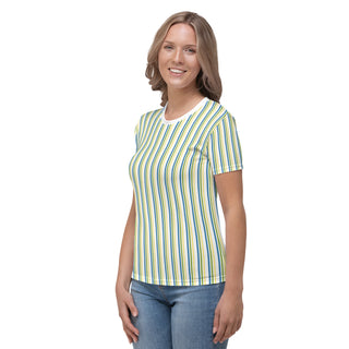 Womens Shirt Blue Green Yellow White Striped Casual Short Sleeve Tees Top