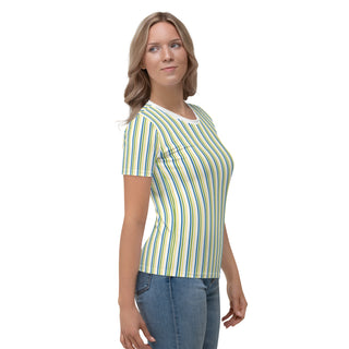 Womens Shirt Blue Green Yellow White Striped Casual Short Sleeve Tees Top