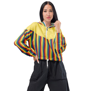 Windbreaker Water Resistant Breathable Hood and Pocket Yellow Rainbow Cropped Jacket Windbreaker