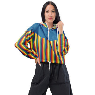 Windbreaker Water Resistant Breathable Hood and Pocket Blue Rainbow Cropped Jacket Windbreaker