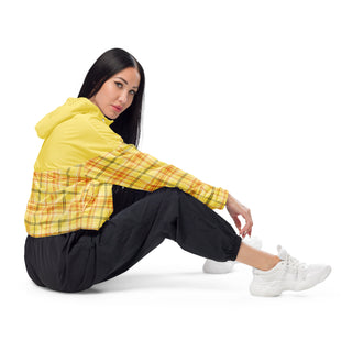 Windbreaker Water Resistant Breathable Hood and Pocket Yellow Plaid Cropped Jacket Windbreaker