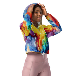 Rainbow Windbreaker Cropped Hooded Women's Jacket