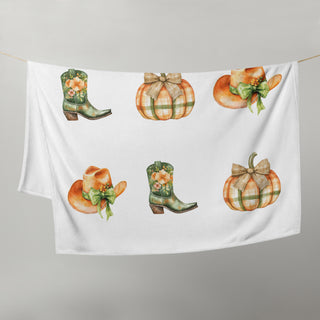 Country Cowgirl Throw Blanket with Cowgirl Boots, Cowgirl Hats, and Plaid Pumpkins