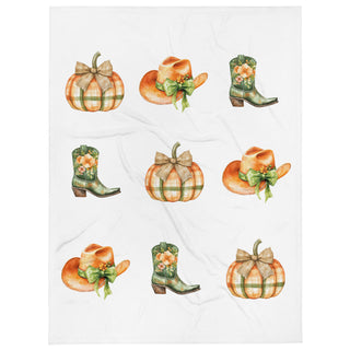 Country Cowgirl Throw Blanket with Cowgirl Boots, Cowgirl Hats, and Plaid Pumpkins