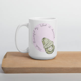 Made Beautiful By What It Survived Oyster Pearl Shell Mug, Inspirational Coastal Coffee Mug, Survivor Gift, Seashell Art, 15 oz Ceramic Mug