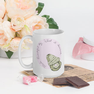 Made Beautiful By What It Survived Oyster Pearl Shell Mug, Inspirational Coastal Coffee Mug, Survivor Gift, Seashell Art, 15 oz Ceramic Mug