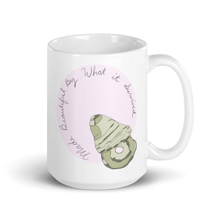Made Beautiful By What It Survived Oyster Pearl Shell Mug, Inspirational Coastal Coffee Mug, Survivor Gift, Seashell Art, 15 oz Ceramic Mug