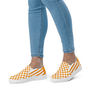 Women's Orange Checkerboard Stripe Slip-On Loafers Canvas Shoes