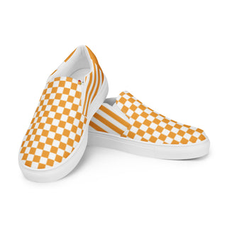 Women's Orange Checkerboard Stripe Slip-On Loafers Canvas Shoes